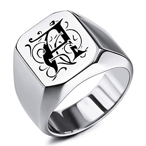 MeMeDIY Benutzerdefinierte Gravur Initialen Monogramm Siegelring für Männer Frauen Jungen Herren Ringe Edelstahl, Bundle mit Ringgrößeneinstellern (Silberfarbe, Größe 72 (22.9)) von MeMeDIY