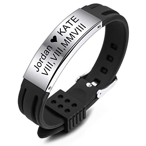 MeMeDIY Benutzerdefinierte Name Armband Personalisierte Gravur für Männer Frauen Jungen Mädchen Gummi Silikon Sport Handgelenk Identifikation ID Tag Edelstahl Armband (Schwarz Farbe, Silber Ton Tag) von MeMeDIY