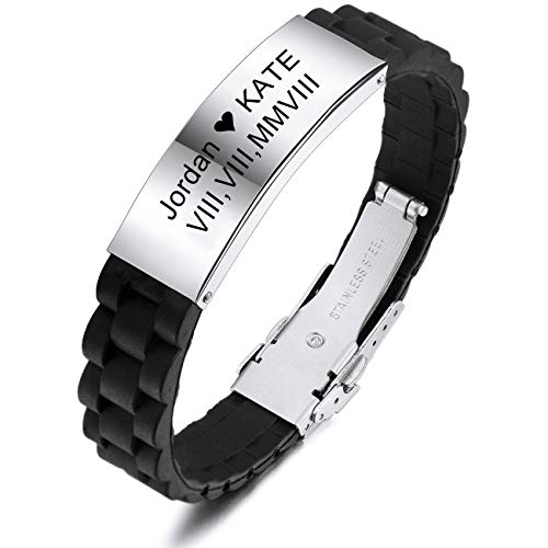 MeMeDIY Benutzerdefinierte Name Armband Personalisierte Gravur für Männer Frauen Jungen Mädchen Gummi Silikon Sport Handgelenk Identifikation ID Tag Edelstahl Armband Einstellbar (Silber Farbe) von MeMeDIY