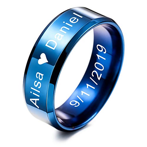 MeMeDIY Herren Trauringe Für Frauen Jungen Mädchen Wasserdicht Edelstahl Versprechen Ring, Bündeln mit Ringgröße Einsteller - Personalisiert Gravur (Blau Farben, 8.0mm Breiten, 62 Größe) von MeMeDIY