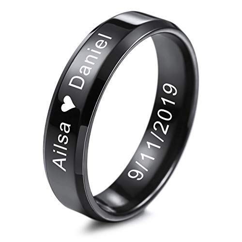 MeMeDIY Herren Trauringe Für Frauen Jungen Mädchen Wasserdicht Edelstahl Versprechen Ring, Bündeln mit Ringgröße Einsteller - Personalisiert Gravur (Schwarz Farben, 6.0mm Breiten, 54 Größe) von MeMeDIY