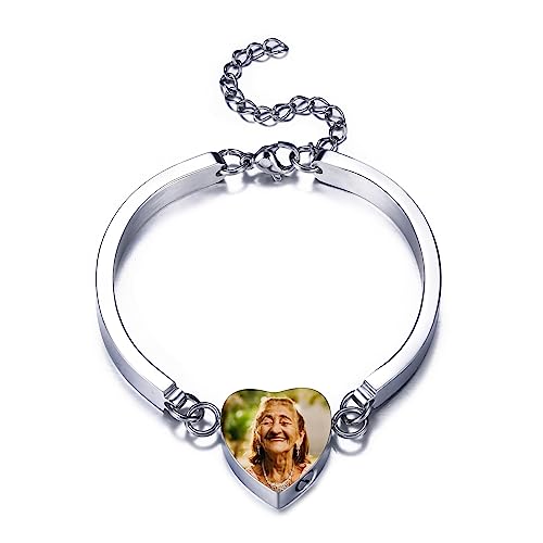 MeMeDIY Herz Urne Armband Einäscherung Schmuck Für Frauen Benutzerdefinierte Foto/Namen Edelstahl Asche Halter Memorial Manschette Keepsake(Silber+Farbiges bild) von MeMeDIY