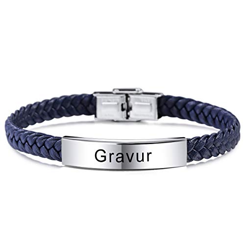 MeMeDIY Name Armband Personalisierte Armbänder Für Frauen Maßgeschneiderte Armbänder Für Jungen Männer Mädchen Edelstahl Echtes Leder Gravur Geflochtene Manschette Einstellbar (Blaue Farben) von MeMeDIY