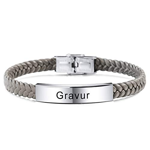 MeMeDIY Name Armband Personalisierte Armbänder Für Frauen Maßgeschneiderte Armbänder Für Jungen Männer Mädchen Edelstahl Echtes Leder Gravur Geflochtene Manschette Einstellbar (Grau Farben) von MeMeDIY