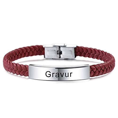 MeMeDIY Name Armband Personalisierte Armbänder Für Frauen Maßgeschneiderte Armbänder Für Jungen Männer Mädchen Edelstahl Echtes Leder Gravur Geflochtene Manschette Einstellbar (Rote Farben) von MeMeDIY