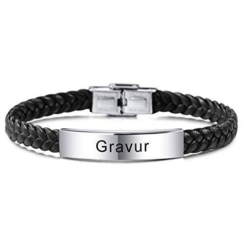 MeMeDIY Name Armband Personalisierte Armbänder Für Frauen Maßgeschneiderte Armbänder Für Jungen Männer Mädchen Edelstahl Echtes Leder Gravur Geflochtene Manschette Einstellbar (Schwarz Farben) von MeMeDIY