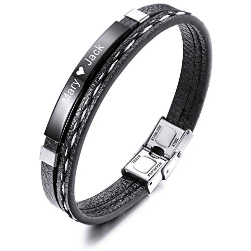 MeMeDIY Name Armband Personalisierte Armbänder für Frauen Kundenspezifische Armbänder für Jungen Männer Mädchen Edelstahl Echtes Leder Gravur Geflochtene Manschette Einstellbar (Schwarz Farbe) von MeMeDIY