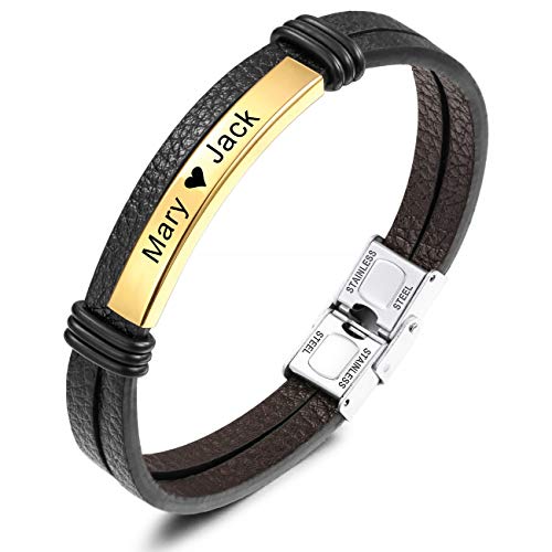 MeMeDIY Name Armband Personalisierte Armbänder für Frauen Kundenspezifische Armbänder für Jungen Männer Mädchen Edelstahl Echtes Leder Gravur Geflochtene Manschette Einstellbar (Gold Ton Etikett) von MeMeDIY