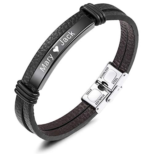 MeMeDIY Name Armband Personalisierte Armbänder für Frauen Kundenspezifische Armbänder für Jungen Männer Mädchen Edelstahl Echtes Leder Gravur Geflochtene Manschette Einstellbar (Schwarz Etikett) von MeMeDIY