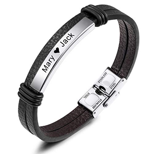 MeMeDIY Name Armband Personalisierte Armbänder für Frauen Kundenspezifische Armbänder für Jungen Männer Mädchen Edelstahl Echtes Leder Gravur Geflochtene Manschette Einstellbar (Silber Ton Etikett) von MeMeDIY