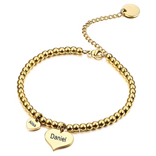 MeMeDIY Personalisierte 2 Stück Anhänger Herz Armband Gravur Namen Individuell für Frauen Freundinnen Mädchen Edelstahl Edelstahl Verstellbare Knöchelperlenkette Brautjungferngeschenke (Gold) von MeMeDIY