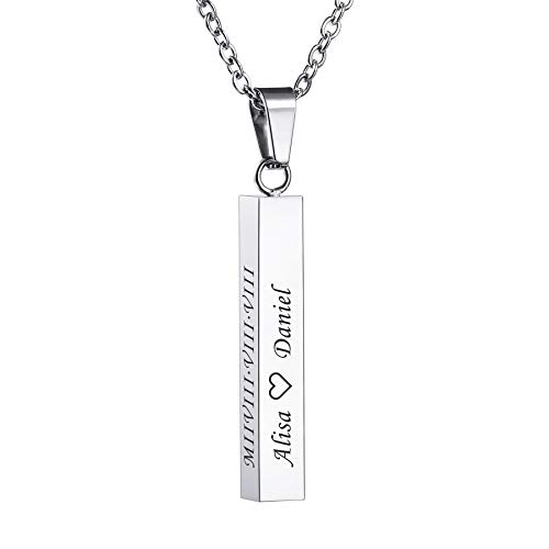 MeMeDIY Personalisierte 3D Vertikale Quader Bar Anhänger Halskette verstellbare Ketten für Frauen Mädchen Gravur Name Geschenke Edelstahl Liebhaber Schmuck (Silber Farbe) von MeMeDIY
