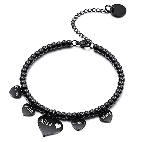 MeMeDIY Personalisierte 5 Stück Herz Anhänger Armband Gravur Namen Individuell für Frauen Freundinnen Mädchen Edelstahl Edelstahl Verstellbare Knöchelperlenkette Brautjungferngeschenke von MeMeDIY