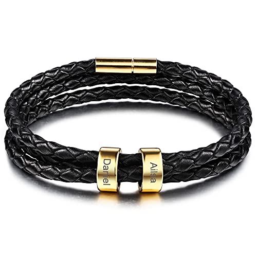 MeMeDIY Personalisierte Armbänder Gravur 2～6 Namen Individuelle Identifikation ID für Frauen Männer Echtes Leder Edelstahl Perlen Geflochtene Manschette Brautjungferngeschenke Beste Freundin von MeMeDIY