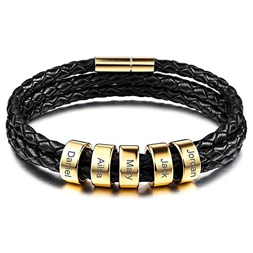 MeMeDIY Personalisierte Armbänder Gravur 2～6 Namen Individuelle Identifikation ID für Frauen Männer Echtes Leder Edelstahl Perlen Geflochtene Manschette Brautjungferngeschenke Beste Freundin von MeMeDIY