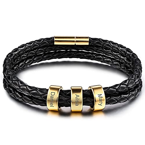 MeMeDIY Personalisierte Armbänder Gravur 2～6 Namen Individuelle Identifikation ID für Frauen Männer Echtes Leder Edelstahl Perlen Geflochtene Manschette Brautjungferngeschenke Beste Freundin von MeMeDIY