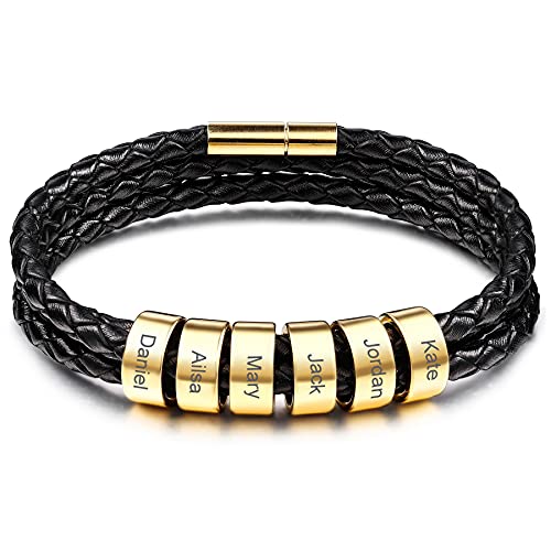 MeMeDIY Personalisierte Armbänder Gravur 2～6 Namen Individuelle Identifikation ID für Frauen Männer Echtes Leder Edelstahl Perlen Geflochtene Manschette Brautjungferngeschenke Beste Freundin von MeMeDIY