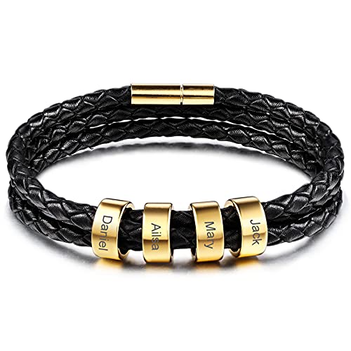 MeMeDIY Personalisierte Armbänder Gravur 2～6 Namen Individuelle Identifikation ID für Frauen Männer Echtes Leder Edelstahl Perlen Geflochtene Manschette Brautjungferngeschenke Beste Freundin von MeMeDIY