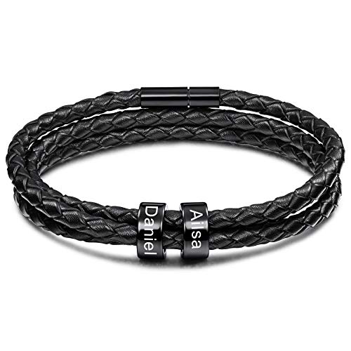 MeMeDIY Personalisierte Armbänder Gravur 2-6 Namen Kundenspezifische ID für Frauen Männer Echtes Leder Edelstahl Perlen Geflochtene Manschette Brautjungfer Geschenke Bester Freund (2 Schwarz perlen) von MeMeDIY