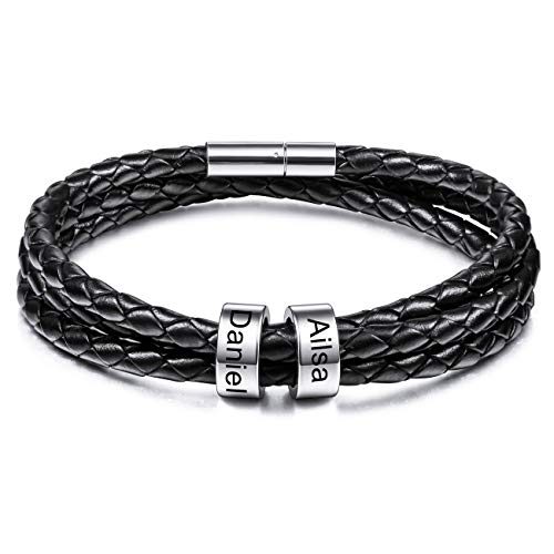 MeMeDIY Personalisierte Armbänder Gravur 2-6 Namen Kundenspezifische ID für Frauen Männer Echtes Leder Edelstahl Perlen Geflochtene Manschette Brautjungfer Geschenke Bester Freund (2 Silber perlen) von MeMeDIY