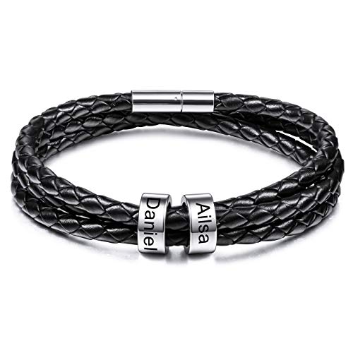 MeMeDIY Personalisierte Armbänder Gravur 2-6 Namen ID für Frauen Männer Echtes Leder Edelstahl Perlen Geflochtene Manschette Brautjungfer Geschenke Bester Freund (2 Silber perlen) von MeMeDIY