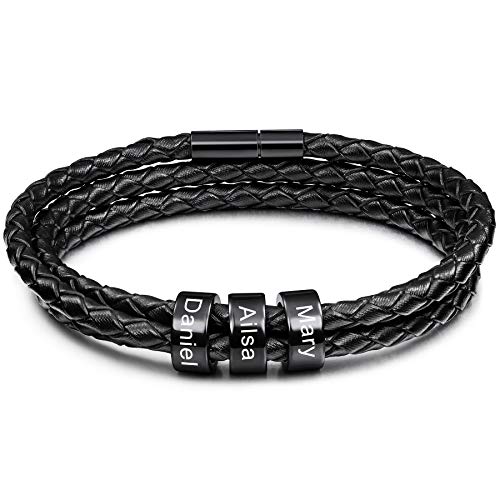 MeMeDIY Personalisierte Armbänder Gravur 2-6 Namen Kundenspezifische ID für Frauen Männer Echtes Leder Edelstahl Perlen Geflochtene Manschette Brautjungfer Geschenke Bester Freund (3 Schwarz perlen) von MeMeDIY