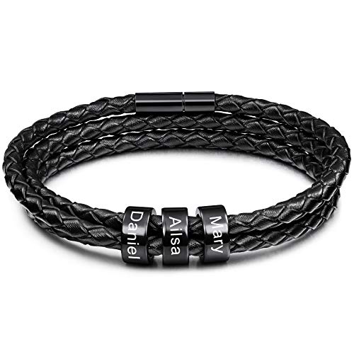 MeMeDIY Personalisierte Armbänder Gravur 2-6 Namen ID für Frauen Männer Echtes Leder Edelstahl Perlen Geflochtene Manschette Brautjungfer Geschenke Bester Freund (3 Schwarz perlen) von MeMeDIY