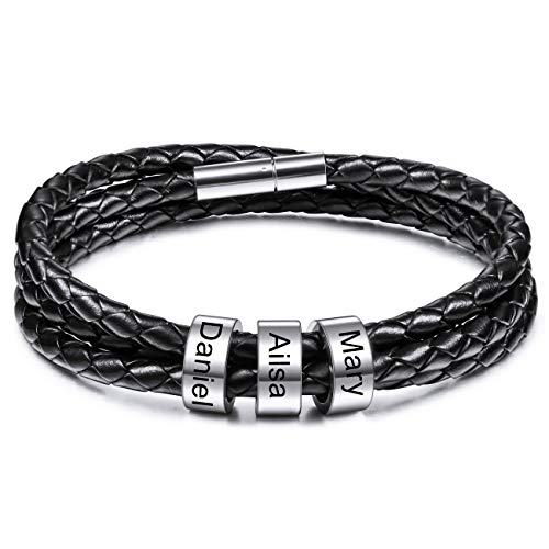MeMeDIY Personalisierte Armbänder Gravur 2-6 Namen ID für Frauen Männer Echtes Leder Edelstahl Perlen Geflochtene Manschette Brautjungfer Geschenke Bester Freund (3 Silber perlen) von MeMeDIY
