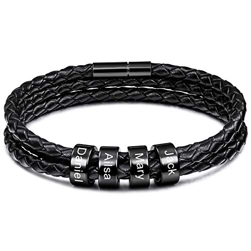 MeMeDIY Personalisierte Armbänder Gravur 2-6 Namen Kundenspezifische ID für Frauen Männer Echtes Leder Edelstahl Perlen Geflochtene Manschette Brautjungfer Geschenke Bester Freund (4 Schwarz perlen) von MeMeDIY