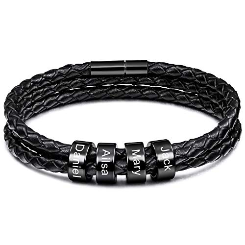 MeMeDIY Personalisierte Armbänder Gravur 2-6 Namen ID für Frauen Männer Echtes Leder Edelstahl Perlen Geflochtene Manschette Brautjungfer Geschenke Bester Freund (4 Schwarz perlen) von MeMeDIY