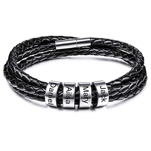 MeMeDIY Personalisierte Armbänder Gravur 2-6 Namen ID für Frauen Männer Echtes Leder Edelstahl Perlen Geflochtene Manschette Brautjungfer Geschenke Bester Freund (4 Silber perlen) von MeMeDIY