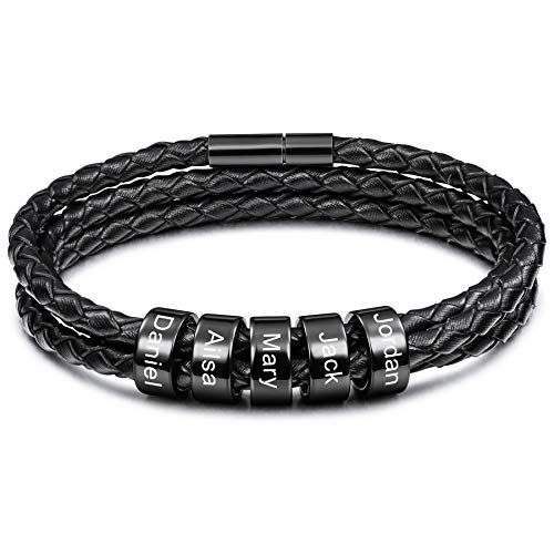 MeMeDIY Personalisierte Armbänder Gravur 2-6 Namen Kundenspezifische ID für Frauen Männer Echtes Leder Edelstahl Perlen Geflochtene Manschette Brautjungfer Geschenke Bester Freund (5 Schwarz perlen) von MeMeDIY