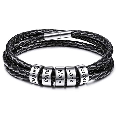 MeMeDIY Personalisierte Armbänder Gravur 2-6 Namen ID für Frauen Männer Echtes Leder Edelstahl Perlen Geflochtene Manschette Brautjungfer Geschenke Bester Freund (5 Silber perlen) von MeMeDIY