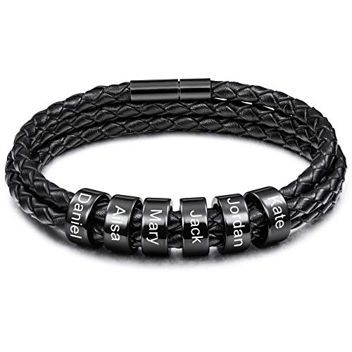 MeMeDIY Personalisierte Armbänder Gravur 2-6 Namen Kundenspezifische ID für Frauen Männer Echtes Leder Edelstahl Perlen Geflochtene Manschette Brautjungfer Geschenke Bester Freund (6 Schwarz perlen) von MeMeDIY