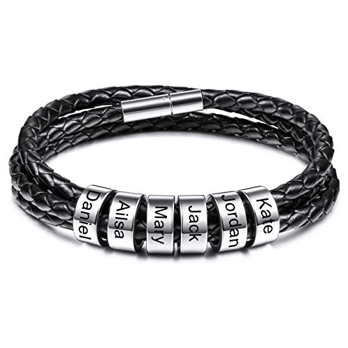 MeMeDIY Personalisierte Armbänder Gravur 2-6 Namen Kundenspezifische ID für Frauen Männer Echtes Leder Edelstahl Perlen Geflochtene Manschette Brautjungfer Geschenke Bester Freund (6 Silber perlen) von MeMeDIY