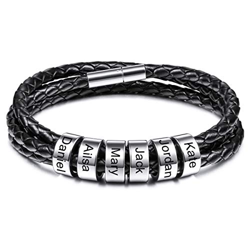 MeMeDIY Personalisierte Armbänder Gravur 2-6 Namen ID für Frauen Männer Echtes Leder Edelstahl Perlen Geflochtene Manschette Brautjungfer Geschenke Bester Freund (6 Silber perlen) von MeMeDIY