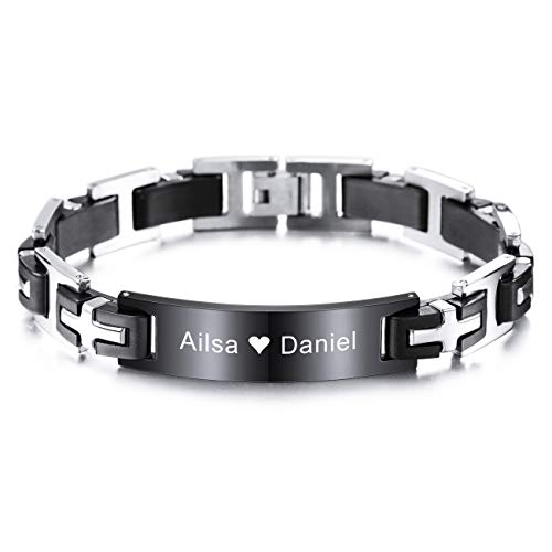 MeMeDIY Personalisierte Armband Cuban Link Benutzerdefinierte Geschenke Handgelenk Band Identifikation ID Tag Gravur Armbänder für Männer Jungen Edelstahl Gummi Kette Schmuck Schwarz Farbe von MeMeDIY