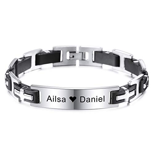 MeMeDIY Personalisierte Armband Cuban Link Benutzerdefinierte Geschenke Handgelenk Band Identifikation ID Tag Gravur Armbänder für Männer Jungen Edelstahl Gummi Kette Schmuck Silber Farbe von MeMeDIY