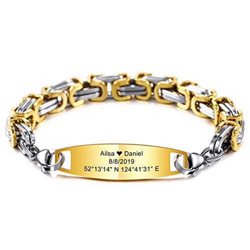 MeMeDIY Personalisierte Armband Gravur Name Identifizierung ID Angepasst Für Männer Frauen Mädchen Jungen Edelstahl Einstellbare Link Armbänder (Gold Farbe, 165 Millimetro, Königskette) von MeMeDIY