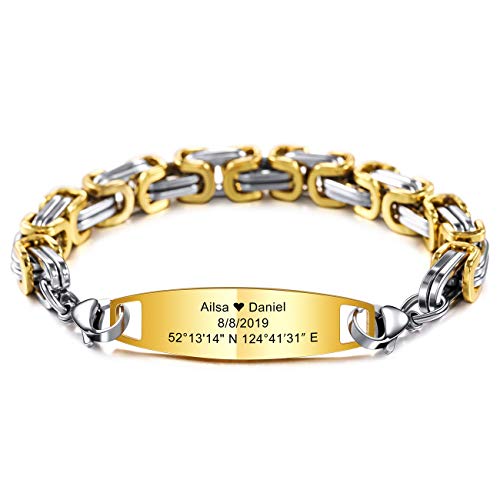 MeMeDIY Personalisierte Armband Gravur Name Identifizierung ID Angepasst Für Männer Frauen Mädchen Jungen Edelstahl Einstellbare Link Armbänder (Gold Farbe, 203 Millimetro, Königskette) von MeMeDIY