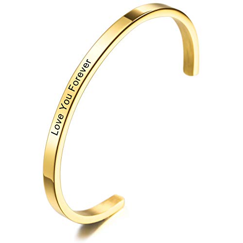 MeMeDIY Personalisierte Armband Gravur Name Identifizierung ID Angepasst für Männer Frauen Mädchen Jungen Wasserdicht Edelstahl Einstellbare Stulpearmband (4mm Breite, Gold Farbe) von MeMeDIY