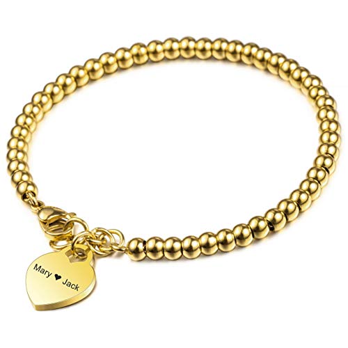 MeMeDIY Personalisierte Armband Gravur Namen Anfangsbuchstabe Birthstone Knöchel für Frauen Mädchen Edelstahl verstellbare Perle Link mit Herz Runde Tag Bester Freund Geschenke Zierlicher Schmuck von MeMeDIY