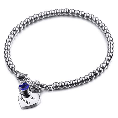 MeMeDIY Personalisierte Armband Gravur Namen Anfangsbuchstabe Birthstone Knöchel für Frauen Mädchen Edelstahl verstellbare Perle Link mit Herz Runde Tag Bester Freund Geschenke Zierlicher Schmuck von MeMeDIY