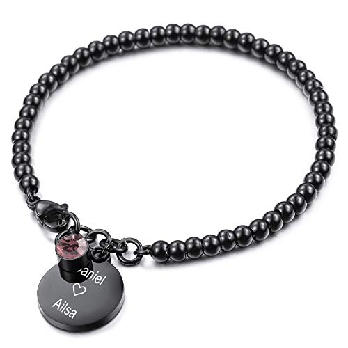 MeMeDIY Personalisierte Armband Gravur Namen Anfangsbuchstabe Birthstone Knöchel für Frauen Mädchen Edelstahl verstellbare Perle Link mit Herz Runde Tag Bester Freund Geschenke Zierlicher Schmuck von MeMeDIY