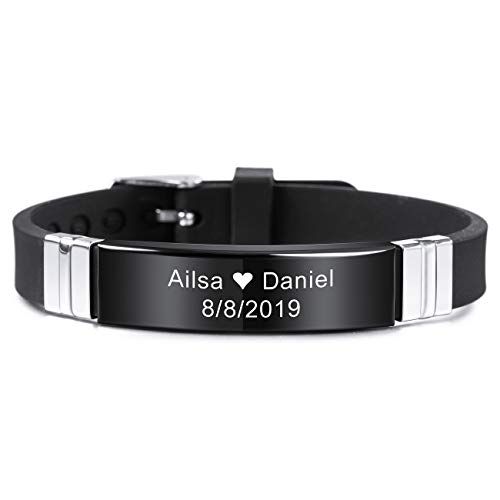 MeMeDIY Personalisierte Armband Gravur Namen Silikon Sport Handgelenk Identifikation ID Tag Armband Angepasst für Männer Frauen Kinder Edelstahl Gummi Einstellbare - (13mm Breite, Schwarz Farbe) von MeMeDIY