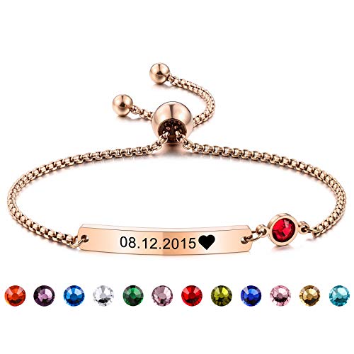 MeMeDIY Personalisierte Birthstone Armbänder Geschenk Geburtstag Gravur für Frauen Mädchen Mutter Tante Beste Freundin Edelstahl Freundschaft Verstellbare (Roségold Farbe) von MeMeDIY