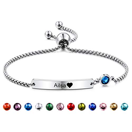 MeMeDIY Personalisierte Birthstone Armbänder Kundenspezifisches Geschenk Geburtstag Gravur für Frauen Mädchen Mutter Tante Schwester Beste Freundin Edelstahl Freundschaft Verstellbare (Silber Farbe) von MeMeDIY