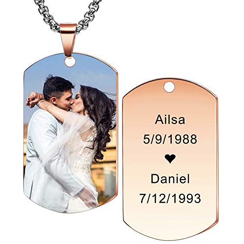 MeMeDIY Personalisierte Dog-Tag Anhänger Halskette Gravur Text/Farbbild für Männer Frauen Gedenk Edelstahl Schmuck. Bündel mit Verstellbarer Kette, Schlüsselbund, Schalldämpfer. (Roségold) von MeMeDIY