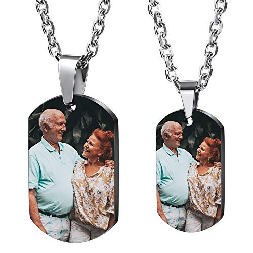 MeMeDIY Personalisierte Dog-tag Halskette Gravur Foto/Name/Datum/Kalender mit Bild Anhänger Halskette für Männer Frauen Jungen Mädchen Paare Denkmal Edelstahl Liebesschmuck (Schwarze Farbe) von MeMeDIY