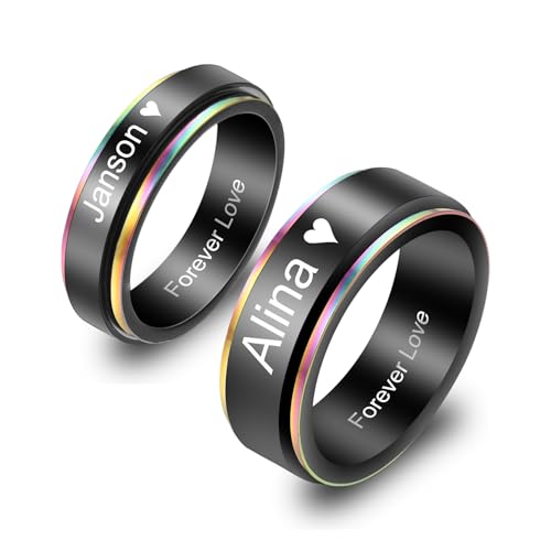 MeMeDIY Personalisierte Edelstahl Ringe Ehering mit Eingraviertem Namen Datum und Text Paarringe/Drehbare Ringe für Herren/Verlobungsringe für Verlobte/Freund-Style B2-10# von MeMeDIY